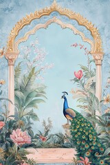 Traditional Mughal garden, arch, palm tree, peacock pattern illustration for invitation 
