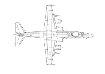 Military airplane drawing. It is a black and white outline image of a military aircraft, possibly a combat or transport plane. Vector sketch line art draw.