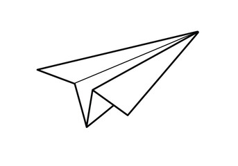 Paper plane drawing. It is a black and white outline image of a classic folded paper airplane, perfect for a simple illustration. Vector sketch line art draw.