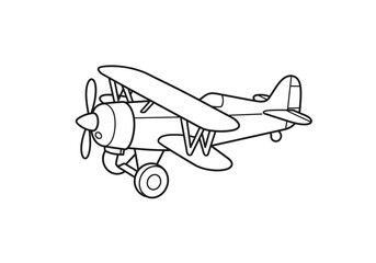 Toy airplane drawing. It is a black and white outline image of a cute, simplified toy airplane with wheels and a propeller. Vector sketch line art draw.