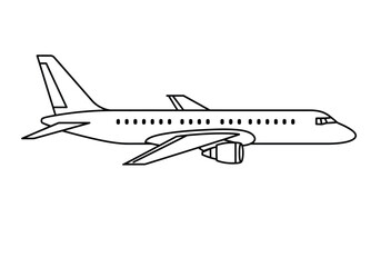 Aircraft easy drawing. It is a black and white outline image of a simplified passenger airplane, suitable for an easy drawing or coloring. Vector sketch line art draw.