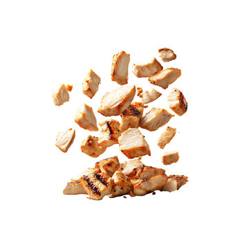 Falling Grilled chicken slices chopped meat isolated on a transparent background, in a PNG format