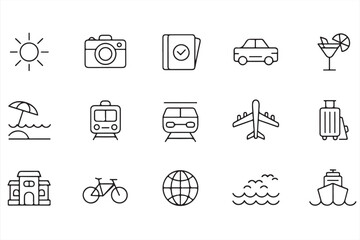 Icon Set for Travel Representing Airplanes, Luggage, Beaches, and Leisure Activities