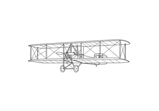 Wright flyer drawing. It is a black and white outline sketch of the historic Wright Brothers' airplane or early aircraft. Vector sketch line art draw.