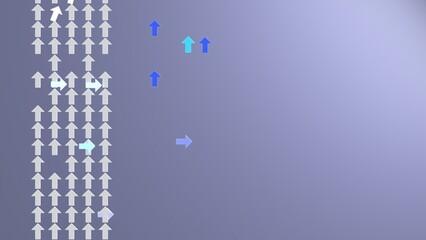 Colored arrows breaking pattern of white arrows on clean background with copy space