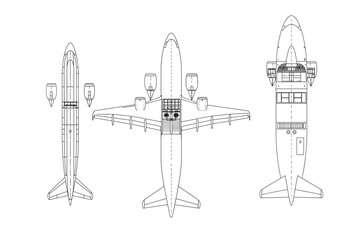 Airplane engineering drawing. It is a black and white technical illustration, likely a blueprint or schematic of an aircraft. Vector sketch line art draw.