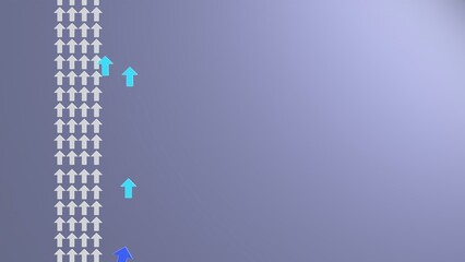 Single blue arrow moving away from aligned group of white arrows with copy space