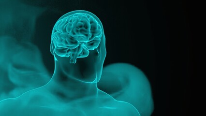 Glowing transparent human head with visible brain on dark background with copy space