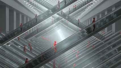 Endless escalators with red human figures in futuristic geometric interior