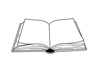 Opened book drawing. It is a black and white outline image of an open book with blank pages, ready for reading or writing. Vector sketch line art draw.