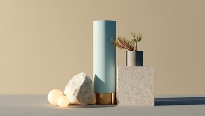 Minimalist still life with pale blue cylinder, small potted plant, rocks, and glowing orbs on neutral background