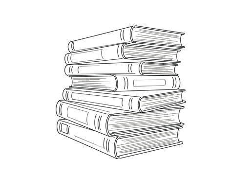 Books stacked drawing. It is a black and white outline image depicting a tall stack of books, symbolizing knowledge and education. Vector sketch line art draw.