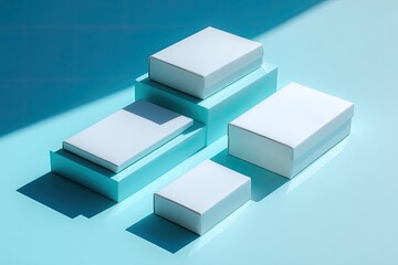 Minimalist arrangement of blank white boxes on pastel blue surface, dramatic lighting