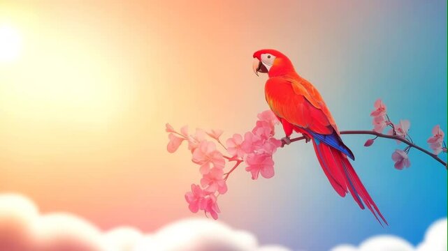 parrot on flowers branch at nature background