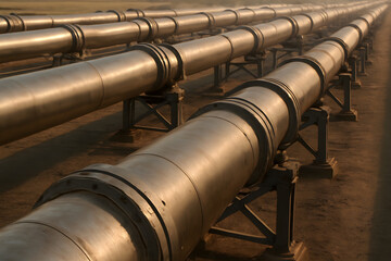 Numerous large, metal pipes extend in parallel lines across a barren, flat landscape under a hazy sky