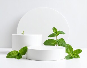 Podium made of stone, mint leaves for product presentation display