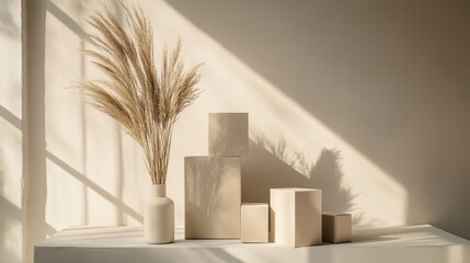 Still life of pampas grass in vase with geometric shapes and shadows on a neutral background