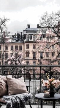 Minimalist Scandinavian Balcony Setup with Cozy Seating and Natural Textures


