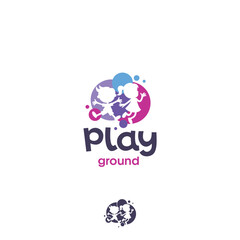 Playground trampoline girl boy kids colored circles vector logo