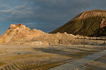 View of Vulcano volcano and mud baths on Vulcano island. Aeolian (Lipari) islands. Italy. Europe.