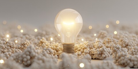 Glowing lightbulb amidst soft, textured, off-white forms, illuminated by subtle ambient lighting, suggesting ideas or inspiration