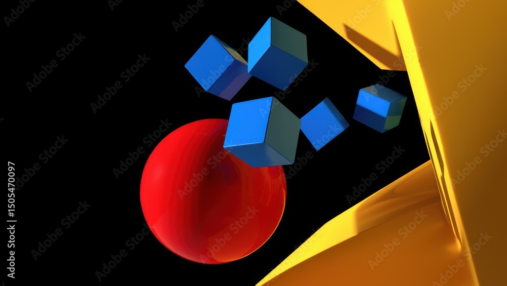 Fototapete Colorful cubes and a bold red sphere float dynamically against a dark backdrop invoking a sense of energy and creative inspiration in this captivating composition.