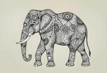 Obraz premium Elephant decorated with ethnic patterns, zentangle style black and white line art, grey background.
