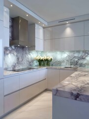 Modern kitchen with sleek white cabinetry and a stunning stone backsplash.