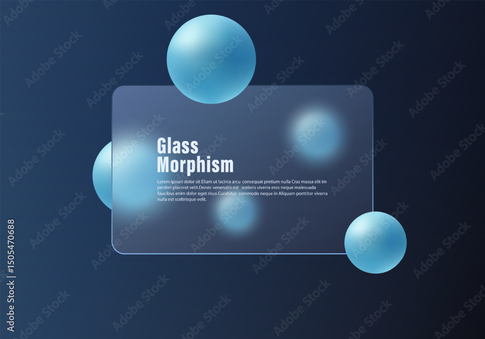 Poster dark abstract background in glass morphism style with spheres.