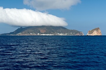 View from a boat on Panarea island in the Tyrrhenian Sea. Aeolian (Lipari) Islands. Italy. Europe.