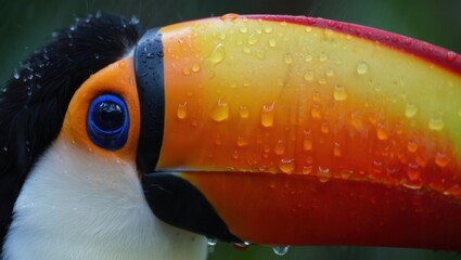 A vibrant toucan displays its large colorful beak glistening with rain droplets in a lush tropical setting. The bird's striking blue eye contrasts beautifully with the greenery.