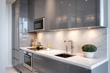 Modern gray kitchen with sleek cabinetry and white marble countertops.
