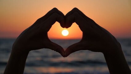 Two hands form a heart shape as the sun sets over the calm ocean waves painting the sky in vibrant hues of orange and pink creating a romantic atmosphere.
