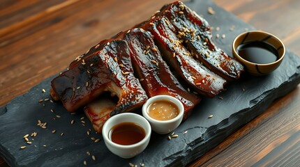 Charcoal-grilled short ribs on a stone slab with sesame seeds and dipping sauces
