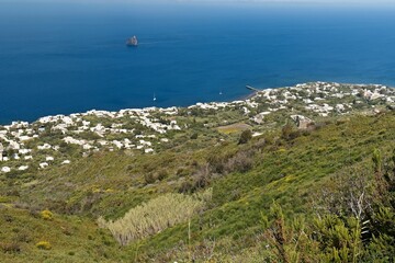View of Stromboli village and Tyrrhenian Sea on Stromboli island. Aeolian (Lipari) islands. Italy. Europe. 