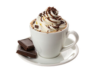 White cup of coffee with chocolate and chantilly isolated on a transparent background png drinks design 