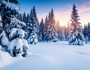 Obraz premium Winter Wonderland with Snow-Covered Trees at Sunset in Nature