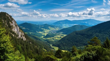 Fototapeta premium Beautiful summer landscapes, sunny green meadows below the mountains, dense forests and blue skies. High-quality, detailed, high-resolution views.