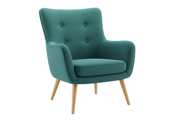 Fototapeta premium Modern teal armchair with wooden legs Isolated on transparent background for interior design projects 