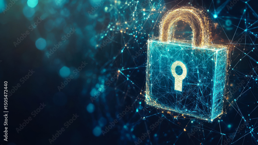 Poster brightly glowing digital lock symbolizing cybersecurity and data protection through network connecti
