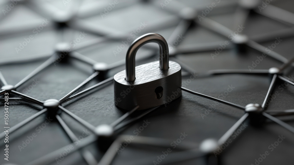 Poster secure padlock resting on a networked surface symbolizing cybersecurity and data protection
