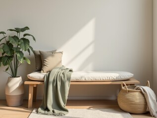 Mix of wood, cotton, and clay: bench, cushion, basket with throw, Calm Beige and Olive palette


