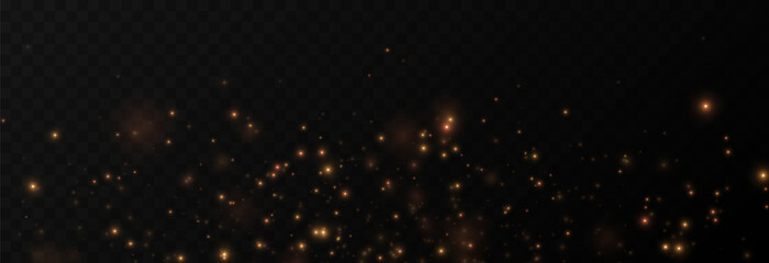 Golden glow dust png. Spraying glitter on isolated transparent background. Sparkling light or sparkling dust png. Christmas light.