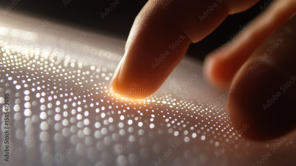 Poster close-up of a finger interacting with a light display on a digital surface in a modern setting