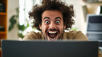 Excited man reacts joyfully to surprising news while working from a modern office setting