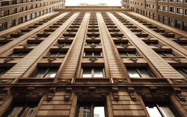 Tall brown high-rise building viewed from below for World Urbanism Day. City structure and architectural density concept.  
