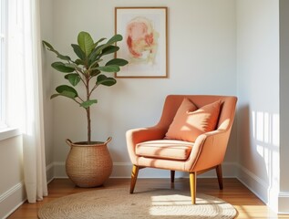 Bright nook with rounded chair and Apricot Crush cushion, woven basket, abstract poster





