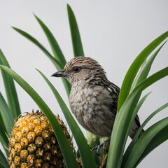 A small bird peeking from pineapple leaves, white background

