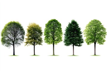 Obraz premium Five trees standing in different shades of green on white background