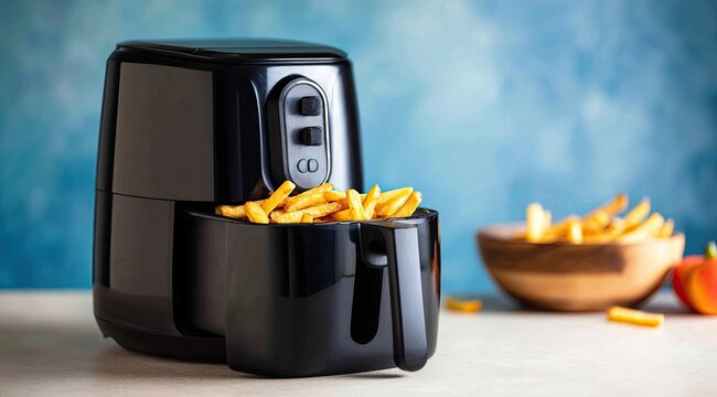 Black air fryer with golden french fries partially inside, a wooden bowl of fries, and a blurred blue background